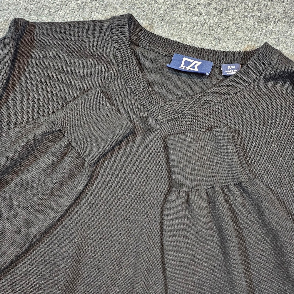 Cutter & Buck Men's Medium Douglas V-Neck Black Merino Wool Blend Company Logo